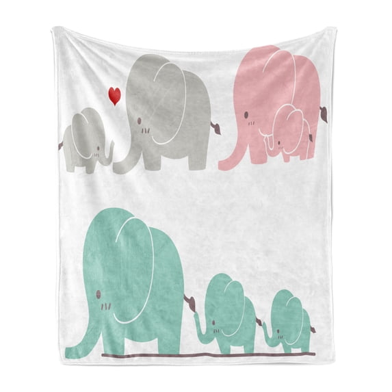 Cartoon Soft Flannel Fleece Throw Blanket, Family Love Theme Elephants Mother's Day Theme Baby Children, Cozy Plush for Indoor and Outdoor Use, 70" x 90", Seafoam Pale Pink Grey, by Ambesonne