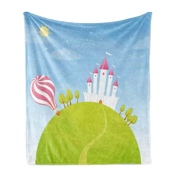 Cartoon Soft Flannel Fleece Throw Blanket, Fantasy Castle on Top of the Hills and Hot Air Balloon in Sunny Sky Day Kids Art, Cozy Plush for Indoor and Outdoor Use, 50" x 60", Multicolor, by Ambesonne