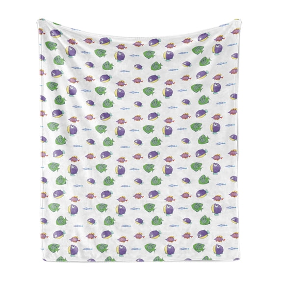 Cartoon Soft Flannel Fleece Throw Blanket, Fish Underwater Creatures, Cozy Plush for Indoor and Outdoor Use, 50" x 70", White Multicolor, by Ambesonne