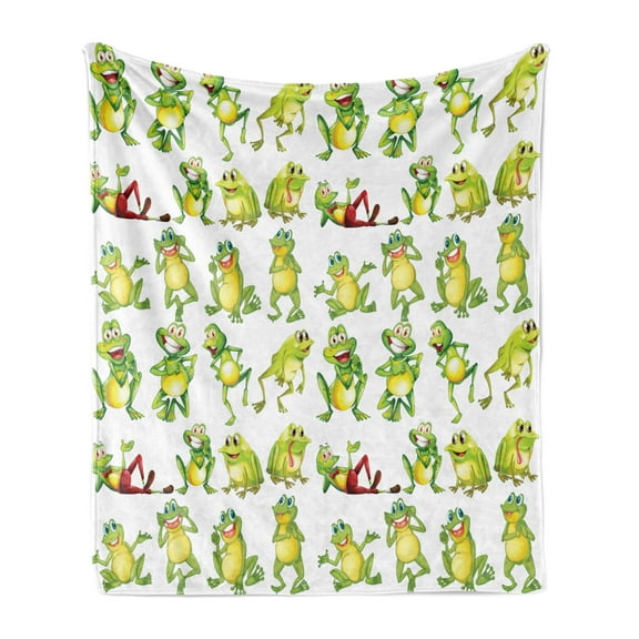 Cartoon Soft Flannel Fleece Throw Blanket, Frogs in Different Positions Funny Happy Expressions Faces Toads, Cozy Plush for Indoor and Outdoor Use, 60" x 80", Green Yellow Red, by Ambesonne