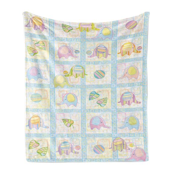Cartoon Soft Flannel Fleece Throw Blanket, Funny Elephants with Balls and Leaves Children Drawing Style Squares Design, Cozy Plush for Indoor and Outdoor Use, 60" x 80", Aqua Multicolor, by Ambesonne