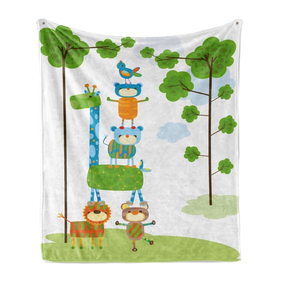 Cartoon Soft Flannel Fleece Throw Blanket, Funny Jungle Creatures Balancing on Each Other Animal Tower in Forest, Cozy Plush for Indoor and Outdoor Use, 50" x 70", Green Blue Orange, by Ambesonne