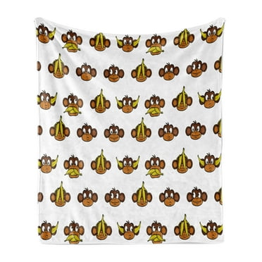 Cartoon Soft Flannel Fleece Throw Blanket, Funny Monkeys with Bananas Various Expressions Animal Comedy Design, Cozy Plush for Indoor and Outdoor Use, 50" x 60", Brown Pale Brown Yellow, by Ambesonne