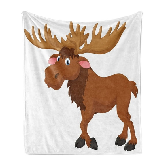 Cartoon Soft Flannel Fleece Throw Blanket, Funny Moose or Elk Standing and Smiling Happily, Cozy Plush for Indoor and Outdoor Use, 50" x 60", Cinnamon White, by Ambesonne