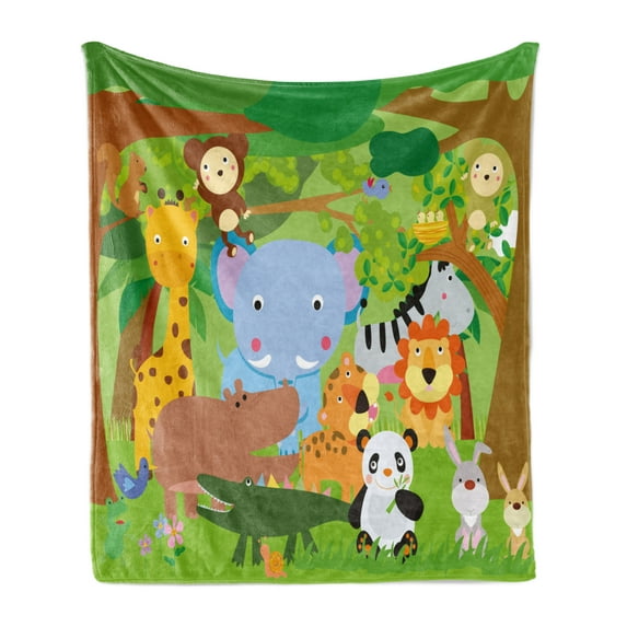 Cartoon Soft Flannel Fleece Throw Blanket, Funny Playful Jungle Animals Wildlife Mammals Trees Flowers Colorful Nature, Cozy Plush for Indoor and Outdoor Use, 60" x 80", Multicolor, by Ambesonne