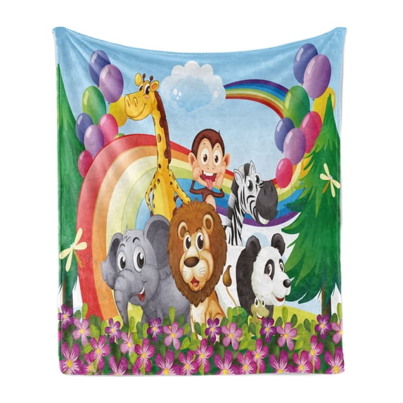 Cartoon Soft Flannel Fleece Throw Blanket, Group of Animals at the Hilltop with a Rainbow and Balloons Fresh Garden Happy, Cozy Plush for Indoor and Outdoor Use, 50" x 70", Multicolor, by Ambesonne