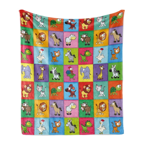 Cartoon Soft Flannel Fleece Throw Blanket, Group of Funny Young Animals in Colorful Squares Happy Wildlife Pattern, Cozy Plush for Indoor and Outdoor Use, 70" x 90", Multicolor, by Ambesonne