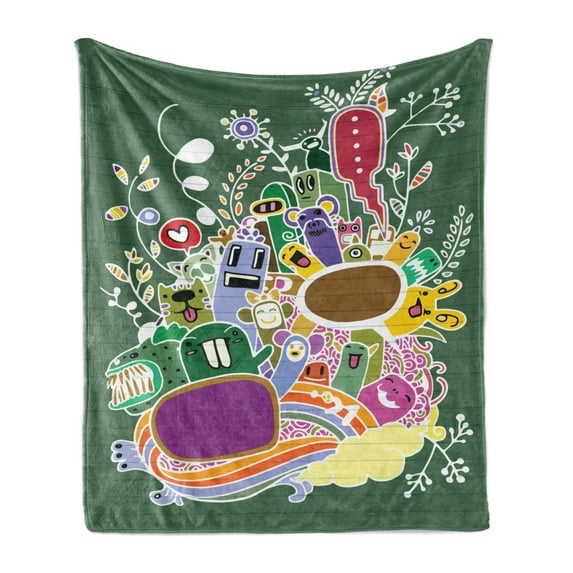 Cartoon Soft Flannel Fleece Throw Blanket, Hand Drawn Doodle Monsters with Rainbow Flowers and Animals Pattern, Cozy Plush for Indoor and Outdoor Use, 60" x 80", Multicolor, by Ambesonne