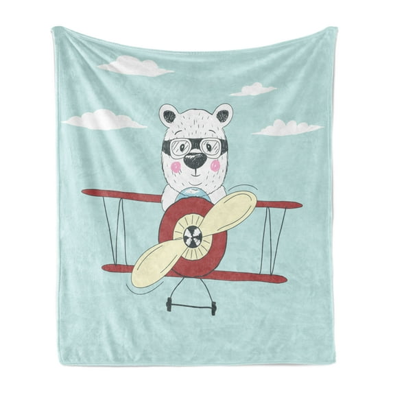 Cartoon Soft Flannel Fleece Throw Blanket, Hand Drawn Pilot Bear Flying a Plane in Open Sky Funny Childish, Cozy Plush for Indoor and Outdoor Use, 60" x 80", Pale Blue Cream Ruby, by Ambesonne