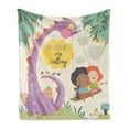 thumbnail image 1 of Cartoon Soft Flannel Fleece Throw Blanket, Happy with Adventures are Calling Calligraphy Funny Dinosaur Monster, Cozy Plush for Indoor and Outdoor Use, 50" x 70", Multicolor, by Ambesonne, 1 of 5