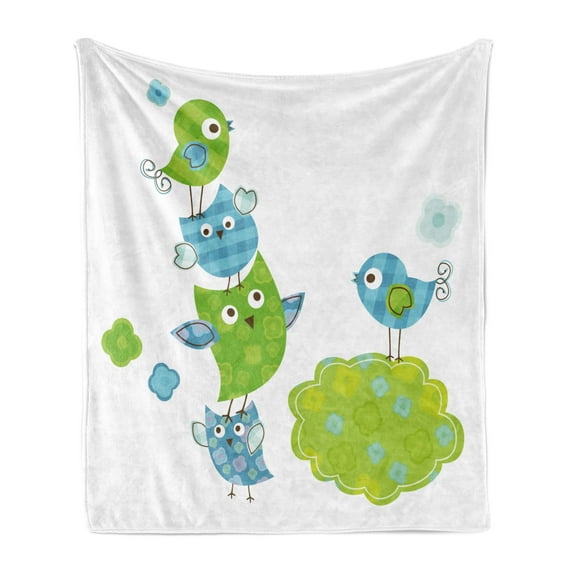 Cartoon Soft Flannel Fleece Throw Blanket, Happy Animals Playing with Each Other Singing Birds Colorful Art Design, Cozy Plush for Indoor and Outdoor Use, 50" x 60", Lime Green Blue, by Ambesonne