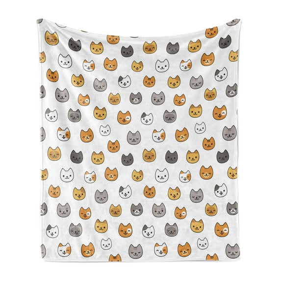 Cartoon Soft Flannel Fleece Throw Blanket, Happy Funny Kittens in Various Colors Smiling Animals Eyes, Cozy Plush for Indoor and Outdoor Use, 50" x 70", Pale Orange Pale Brown, by Ambesonne