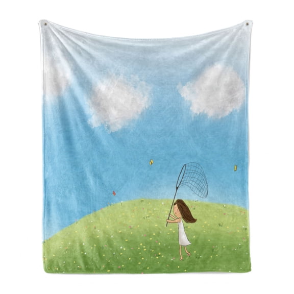 Cartoon Soft Flannel Fleece Throw Blanket, Happy Girl Chasing Butterflies with Net in Spring Meadow, Cozy Plush for Indoor and Outdoor Use, 50" x 60", Pale Sky Blue Lime Green, by Ambesonne