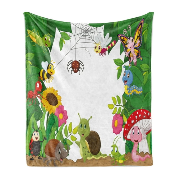 Cartoon Soft Flannel Fleece Throw Blanket, Happy Little Butterflies Bugs Insects Comic Caterpillars Dragonflies Spider Web, Cozy Plush for Indoor and Outdoor Use, 50" x 60", Multicolor, by Ambesonne