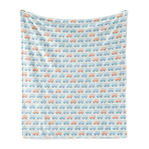 Cartoon Soft Flannel Fleece Throw Blanket, Horizontal Buses Facing Left Nursery Themed, Cozy Plush for Indoor and Outdoor Use, 60" x 80", Cadet Blue Peach, by Ambesonne