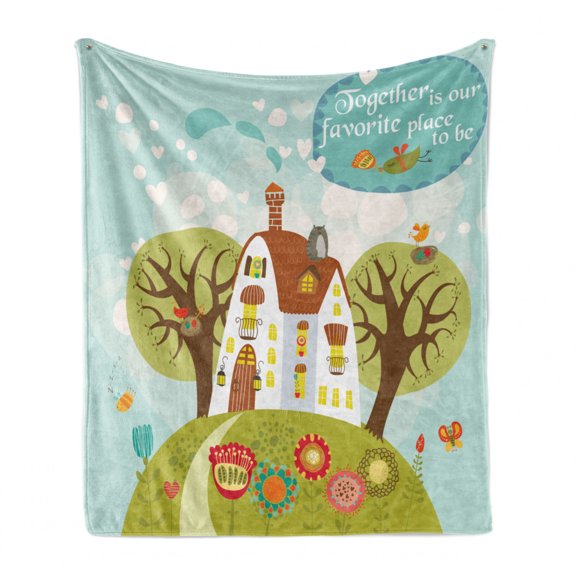 Cartoon Soft Flannel Fleece Throw Blanket, House and Nature with Together is Our Place to Be Typography Print, Cozy Plush for Indoor and Outdoor Use, 50" x 70", Multicolor, by Ambesonne