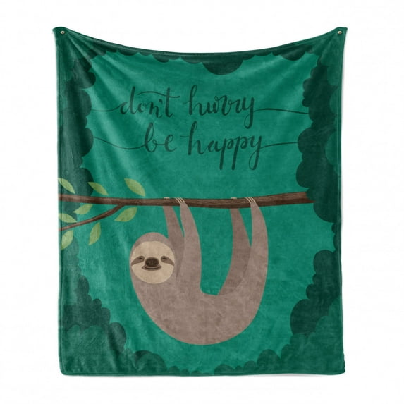 Cartoon Soft Flannel Fleece Throw Blanket, Illustration of a Lazy Sloth Hanging on a Tree with Do Not Hurry Be Happy Text, Cozy Plush for Indoor and Outdoor Use, 50" x 60", Multicolor, by Ambesonne