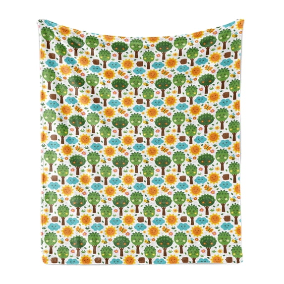 Cartoon Soft Flannel Fleece Throw Blanket, Illustration of and Smiling Kawaii Nature Bees Trees Flowers Clouds Sun Forest, Cozy Plush for Indoor and Outdoor Use, 60" x 80", Multicolor, by Ambesonne