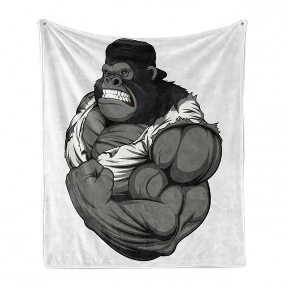 Cartoon Soft Flannel Fleece Throw Blanket, Image of Big Gorilla Like as Professional Athlete Bodybuilding Gym Animal, Cozy Plush for Indoor and Outdoor Use, 50" x 70", Black White Grey, by Ambesonne