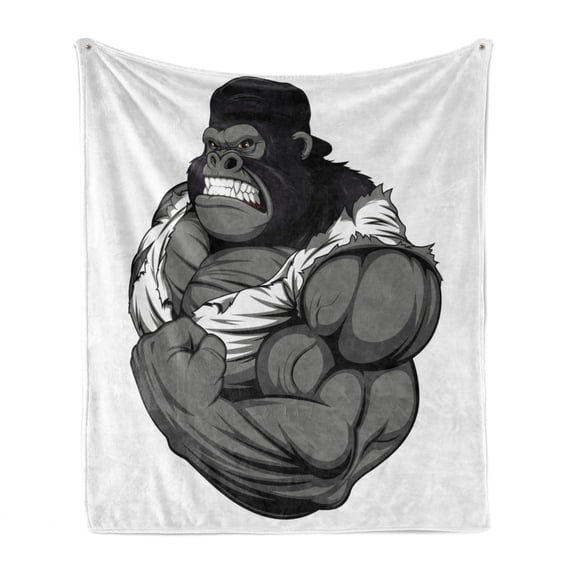 Cartoon Soft Flannel Fleece Throw Blanket, Image of Big Gorilla Like as Professional Athlete Bodybuilding Gym Animal, Cozy Plush for Indoor and Outdoor Use, 70" x 90", Black White Grey, by Ambesonne