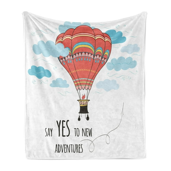 Cartoon Soft Flannel Fleece Throw Blanket, Inspirational Words Say Yes to New Adventures Hand Drawn Hot Air Balloon, Cozy Plush for Indoor and Outdoor Use, 50" x 60", Coral Sky Blue, by Ambesonne