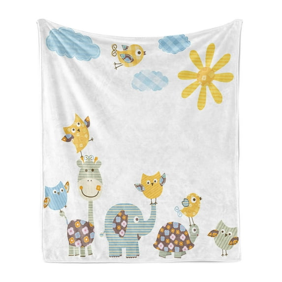 Cartoon Soft Flannel Fleece Throw Blanket, Jolly Jungle Creatures Happily Walking in a Sunny Day Animals, Cozy Plush for Indoor and Outdoor Use, 70" x 90", Pale Green Pale Blue, by Ambesonne