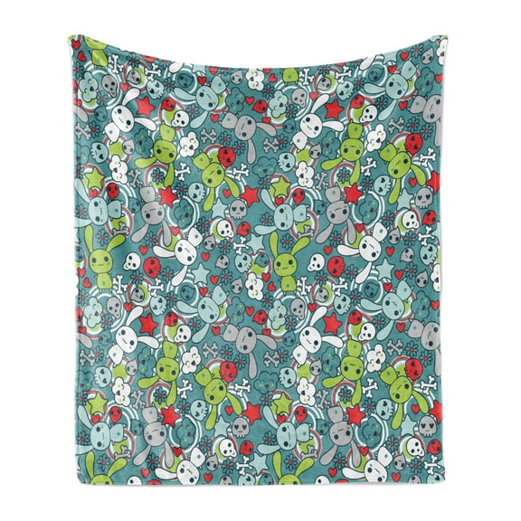 Cartoon Soft Flannel Fleece Throw Blanket, Kawaii Bunnies with Happy Clouds Skulls and Hearts Colorful Images Print, Cozy Plush for Indoor and Outdoor Use, 50" x 60", Multicolor, by Ambesonne