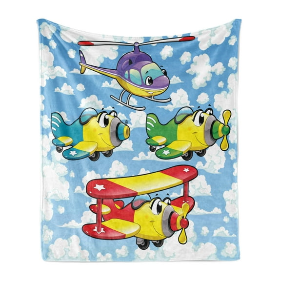 Cartoon Soft Flannel Fleece Throw Blanket, Kids Airplanes and Helicopters with Faces in Cloudy Sky Baby Nursery Print, Cozy Plush for Indoor and Outdoor Use, 50" x 70", Multicolor, by Ambesonne
