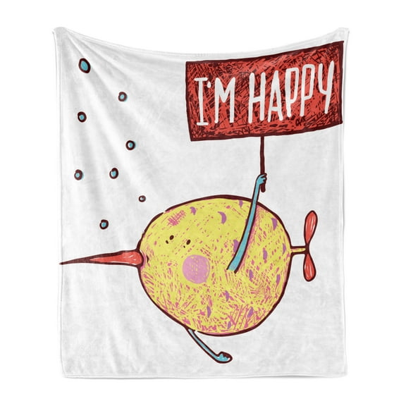 Cartoon Soft Flannel Fleece Throw Blanket, Kids Fat Little Fish Character Holds Happy Phrase Flag Humor Animal Design, Cozy Plush for Indoor and Outdoor Use, 60" x 80", Multicolor, by Ambesonne