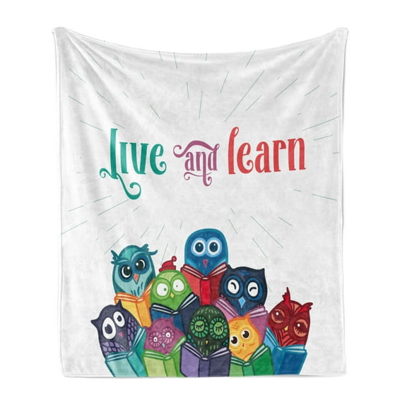 Cartoon Soft Flannel Fleece Throw Blanket, Kids Nursery Room Design with Toy Like Animals Owls Birds Reading Books Artwork, Cozy Plush for Indoor and Outdoor Use, 70" x 90", Multicolor, by Ambesonne