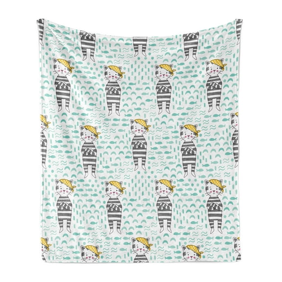 Cartoon Soft Flannel Fleece Throw Blanket, Kittens with Bandana on Pastel Toned Fishes and Waves Background, Cozy Plush for Indoor and Outdoor Use, 50" x 60", Pale Green Yellow, by Ambesonne