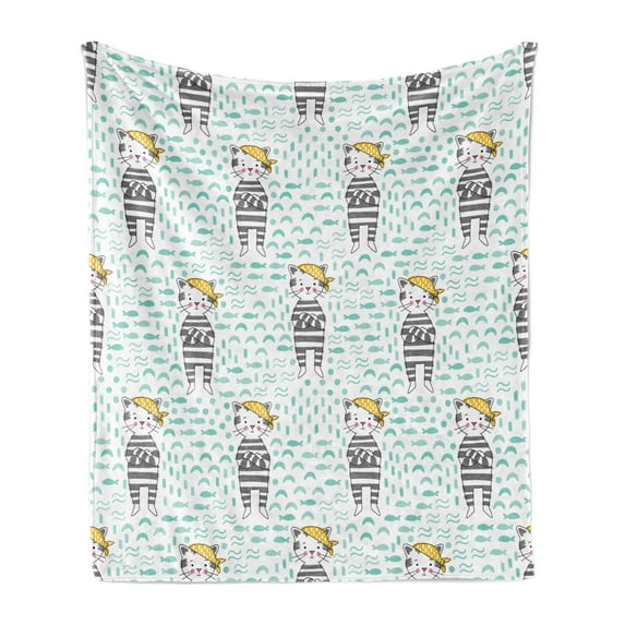 Cartoon Soft Flannel Fleece Throw Blanket, Kittens with Bandana on Pastel Toned Fishes and Waves Background, Cozy Plush for Indoor and Outdoor Use, 60" x 80", Pale Green Yellow, by Ambesonne