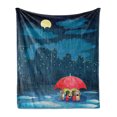 thumbnail image 1 of Cartoon Soft Flannel Fleece Throw Blanket, Kitty and Poppy Romantic Love Story Starry City Blocks Rainy Day Umbrella, Cozy Plush for Indoor and Outdoor Use, 60" x 80", Blue Coral, by Ambesonne, 1 of 5