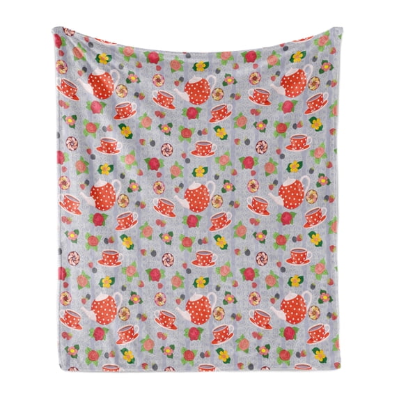 Cartoon Soft Flannel Fleece Throw Blanket, Cartoon Like Tea Pots with Retro Polka Dots in Orange Colored Flowers Art Print, Cozy Plush for Indoor and Outdoor Use, 60" x 80", Multicolor, by Ambesonne