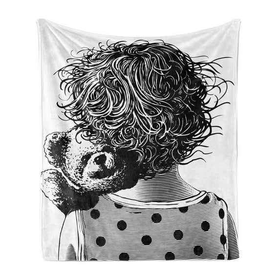 Cartoon Soft Flannel Fleece Throw Blanket, Little Girl Hugging Teddy Bear Children Sketch Grunge Illustration, Cozy Plush for Indoor and Outdoor Use, 70" x 90", Charcoal Grey White, by Ambesonne
