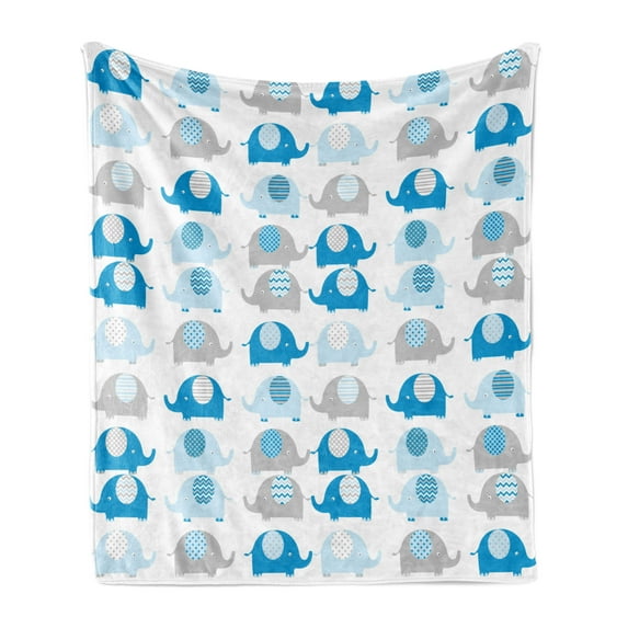 Cartoon Soft Flannel Fleece Throw Blanket, Lovable Elephants with Abstract Designs on Their Body Chevron Lines Dots Motifs, Cozy Plush for Indoor and Outdoor Use, 70" x 90", Grey Blue, by Ambesonne