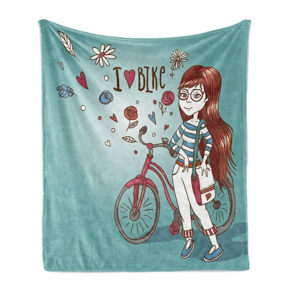 Cartoon Soft Flannel Fleece Throw Blanket, Love My Bike Theme Girl with Bicycle Vintage Flowers Illustration, Cozy Plush for Indoor and Outdoor Use, 60" x 80", Dried Rose and Pale Blue, by Ambesonne