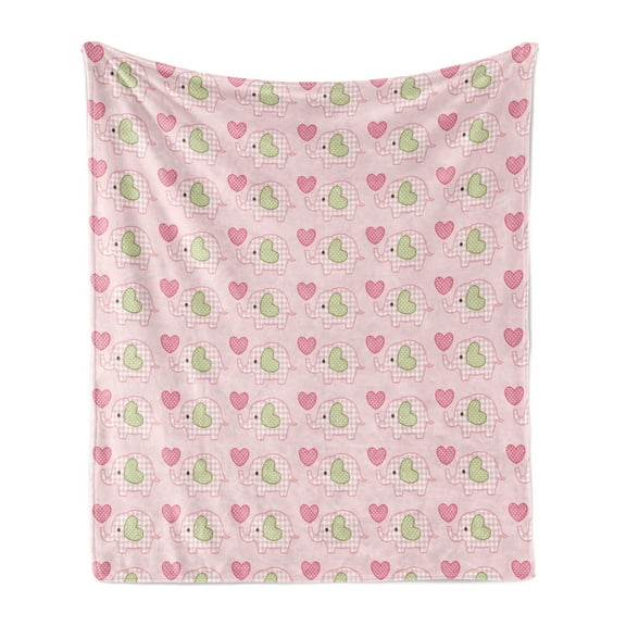 Cartoon Soft Flannel Fleece Throw Blanket, Love Themed Valentines Inspired with Giant Hearts Checkered Pattern, Cozy Plush for Indoor and Outdoor Use, 50" x 70", Pink Olive Green, by Ambesonne
