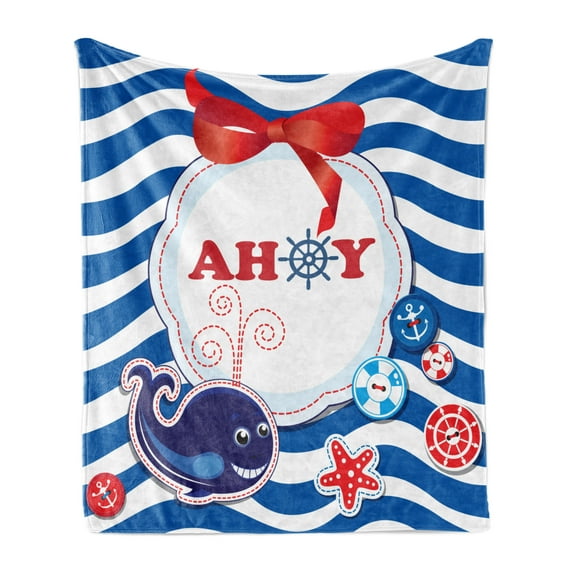 Cartoon Soft Flannel Fleece Throw Blanket, Marine Themed Ahoy Lettering Childish Desgn with Whale, Cozy Plush for Indoor and Outdoor Use, 70" x 90", Cobalt Blue Vermilion, by Ambesonne