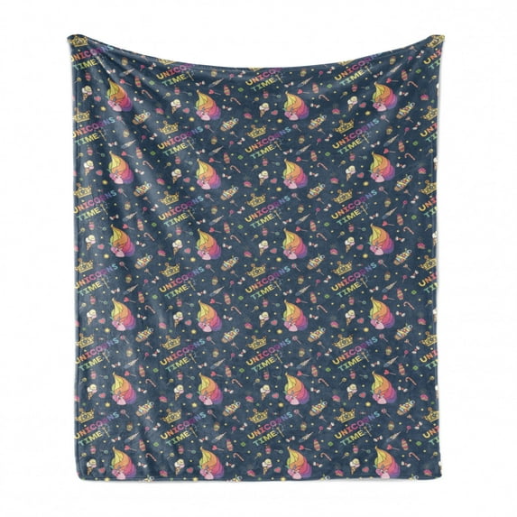 Cartoon Soft Flannel Fleece Throw Blanket, Minimal Items Unicorns Time Wording and Rainbow Maned Horned Horse, Cozy Plush for Indoor and Outdoor Use, 60" x 80", Multicolor, by Ambesonne