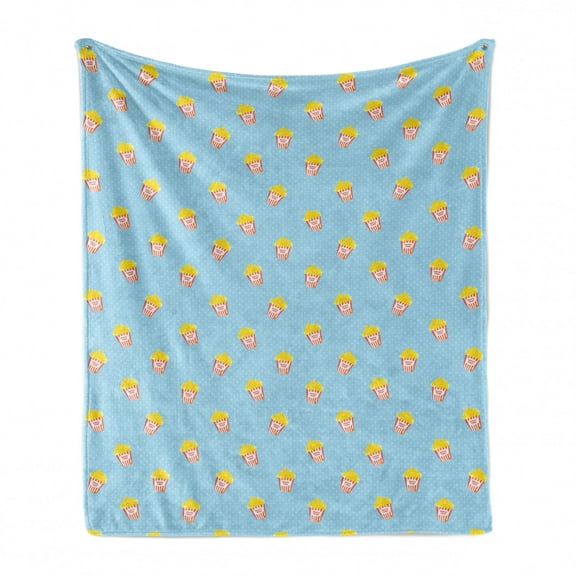 Cartoon Soft Flannel Fleece Throw Blanket, Movie Night Theme Pop Corn Motifs on Polka Dots Background Nostalgic, Cozy Plush for Indoor and Outdoor Use, 70" x 90", Mustard and Pale Blue, by Ambesonne
