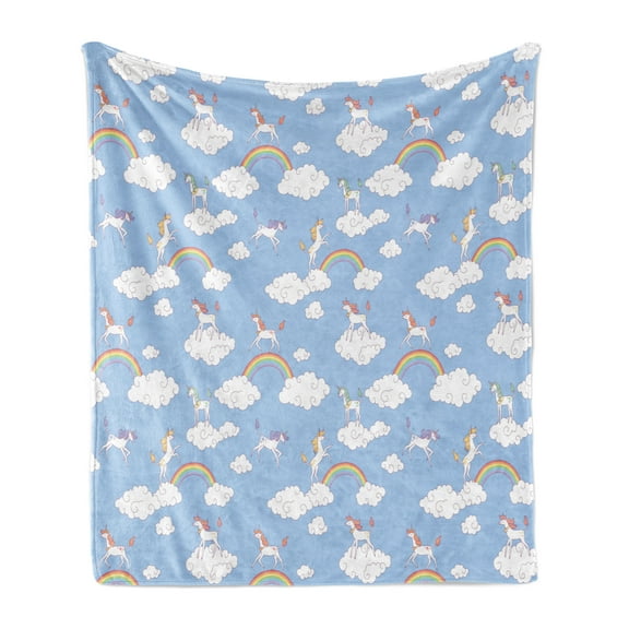 Cartoon Soft Flannel Fleece Throw Blanket, Mythical Creatures Walking and Jumping Clouds with Rainbows Unicorn, Cozy Plush for Indoor and Outdoor Use, 50" x 60", Sky Blue Multicolor, by Ambesonne
