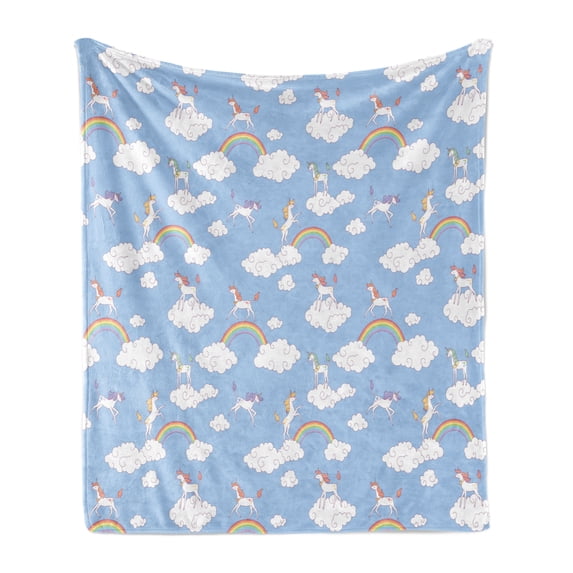 Cartoon Soft Flannel Fleece Throw Blanket, Mythical Creatures Walking and Jumping Clouds with Rainbows Unicorn, Cozy Plush for Indoor and Outdoor Use, 70" x 90", Sky Blue Multicolor, by Ambesonne