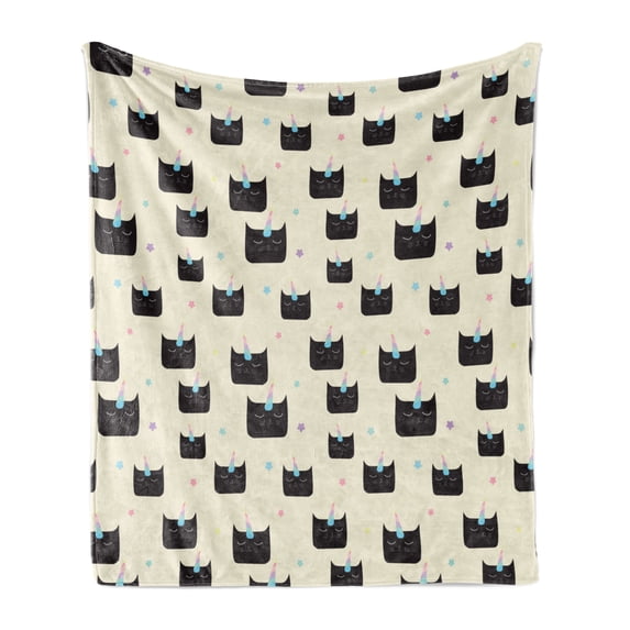 Cartoon Soft Flannel Fleece Throw Blanket, Nursery Pattern with Unicorn Cats with Colorful Horns, Cozy Plush for Indoor and Outdoor Use, 60" x 80", Eggshell Charcoal Grey, by Ambesonne