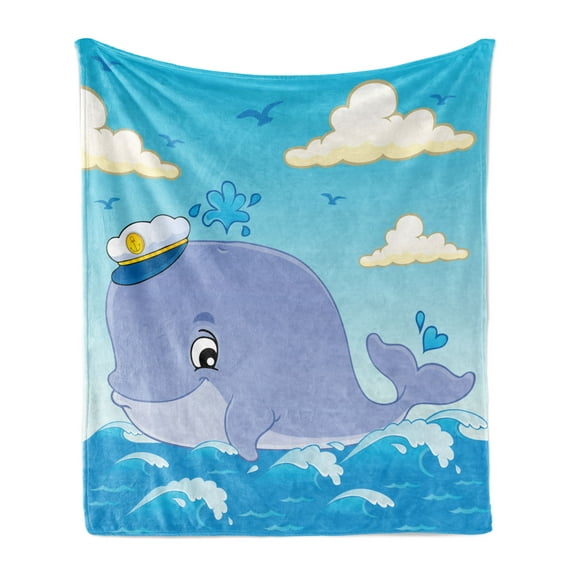 Cartoon Soft Flannel Fleece Throw Blanket, Nursery Themed Image of Whale with Captain Hat on Ocean Sky, Cozy Plush for Indoor and Outdoor Use, 70" x 90", Ceil Blue Sky Blue Cream, by Ambesonne
