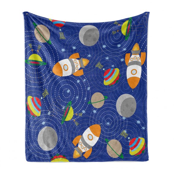 Cartoon Soft Flannel Fleece Throw Blanket, Outer Space Themed Moon Spaceship and UFO Pattern on Bullseye Circles Backdrop, Cozy Plush for Indoor and Outdoor Use, 50" x 70", Multicolor, by Ambesonne