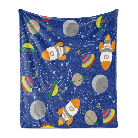 Cartoon Soft Flannel Fleece Throw Blanket, Outer Space Themed Moon Spaceship and UFO Pattern on Bullseye Circles Backdrop, Cozy Plush for Indoor and Outdoor Use, 70" x 90", Multicolor, by Ambesonne