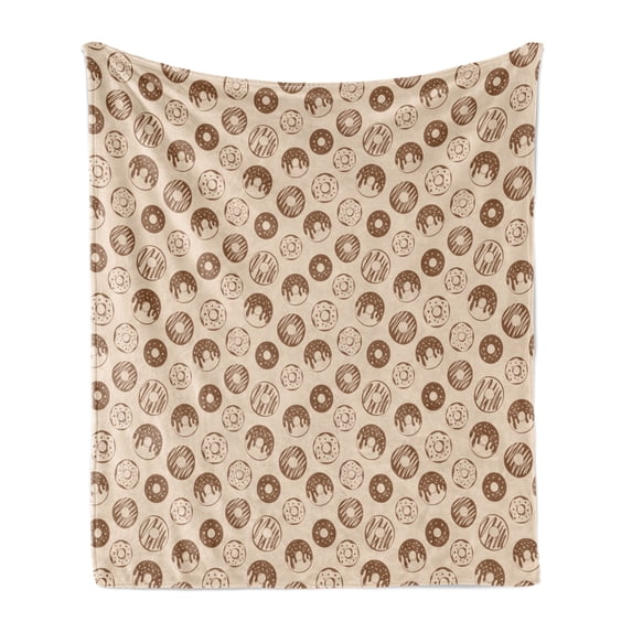 Cartoon Soft Flannel Fleece Throw Blanket, Paintings of Donuts with Sprinkles or Chocolate Creamy and Delicious, Cozy Plush for Indoor and Outdoor Use, 70" x 90", Pale Caramel and Beige, by Ambesonne