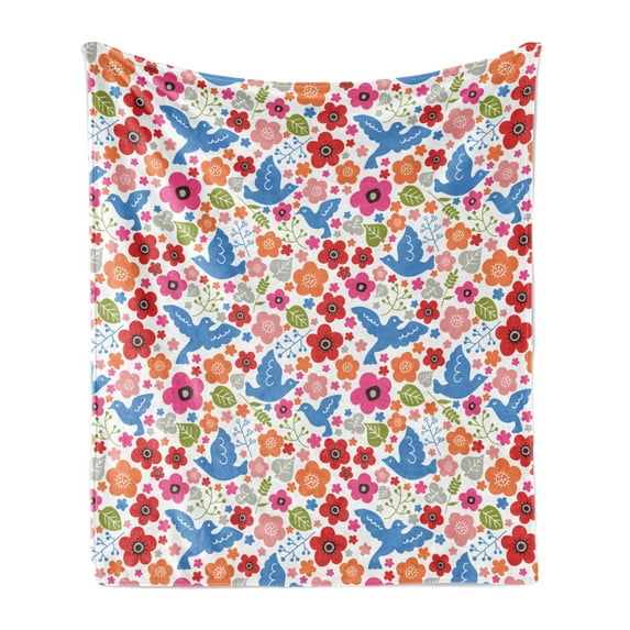 Cartoon Soft Flannel Fleece Throw Blanket, Pastoral Composition of Flowers and Birds Leaves, Cozy Plush for Indoor and Outdoor Use, 50" x 60", Multicolor, by Ambesonne