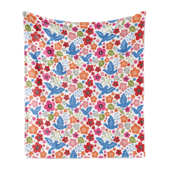 Cartoon Soft Flannel Fleece Throw Blanket, Pastoral Composition of Flowers and Birds Leaves, Cozy Plush for Indoor and Outdoor Use, 70" x 90", Multicolor, by Ambesonne